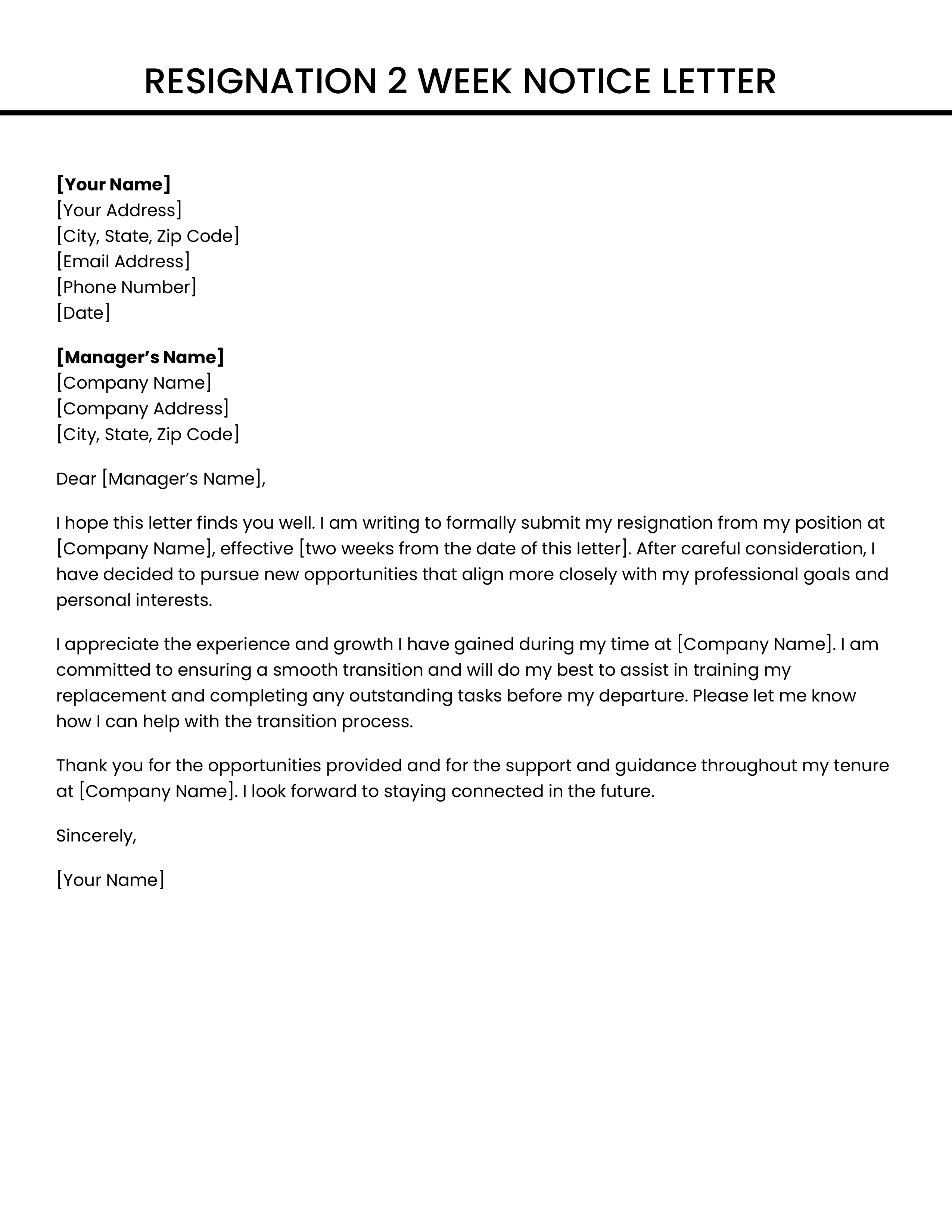 Resignation 2 Week Notice Letter